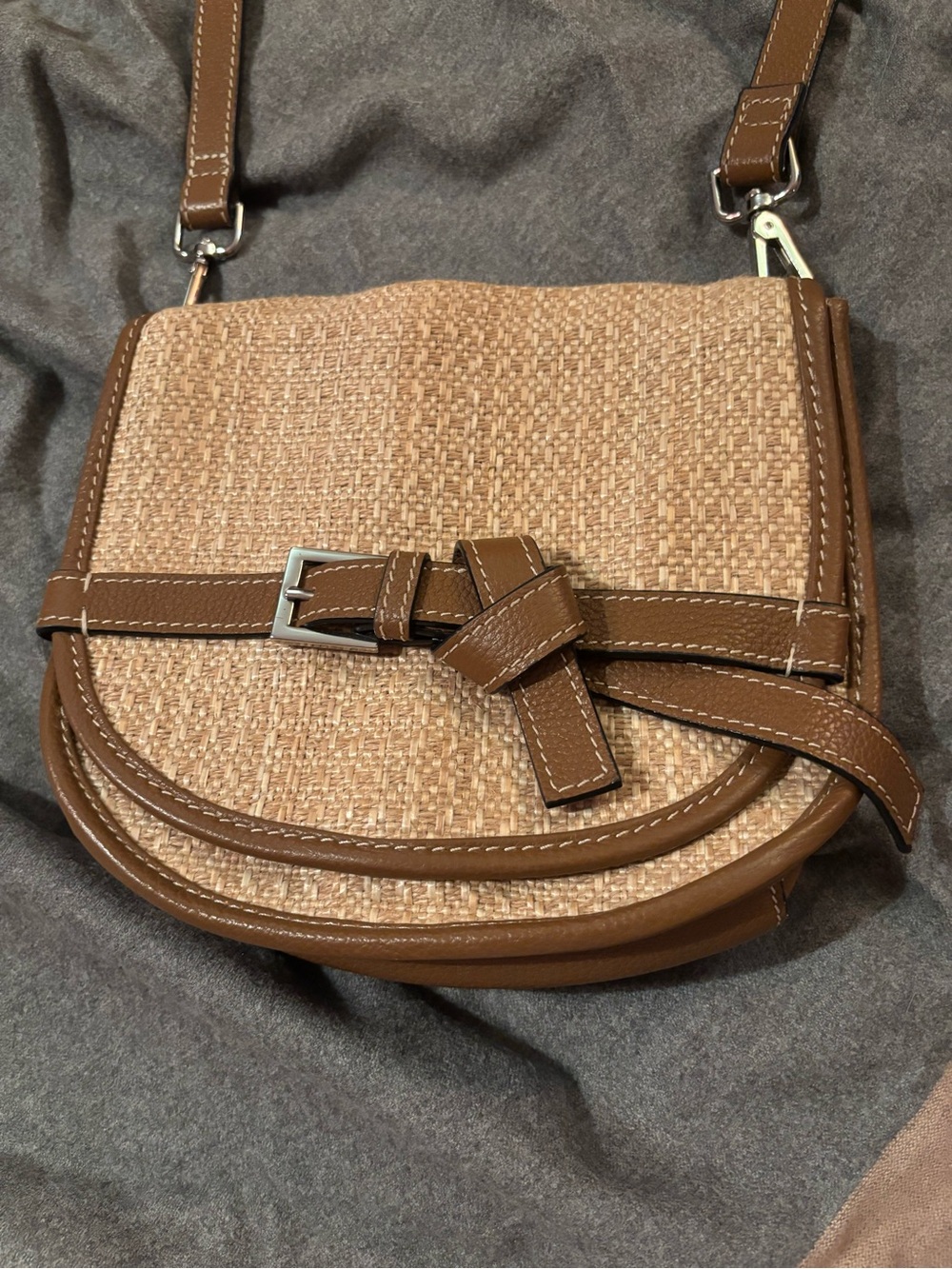 J Jill Woven Straw Saddle Crossbody Bag with Brown Leather Trim